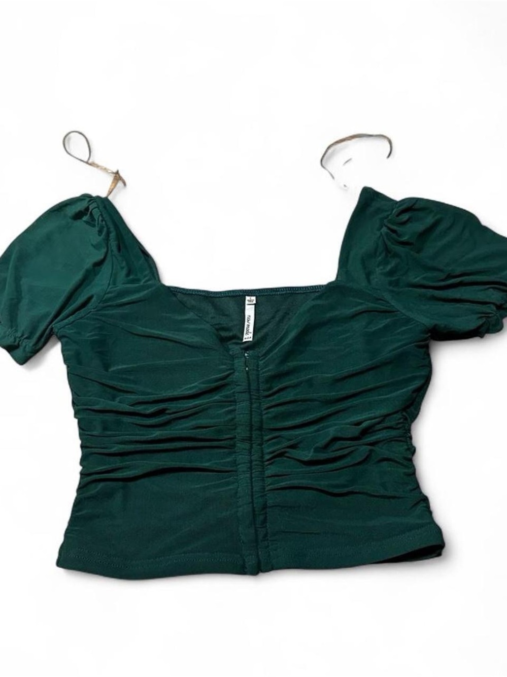 Ruched Deep Green Puff Sleeve Crop Top